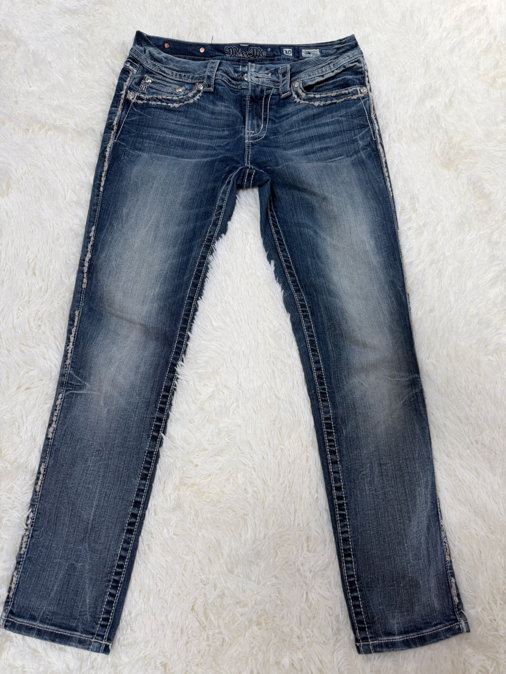 Miss Me Women's Straight Leg Jeans in Faded Dark Blue Wash